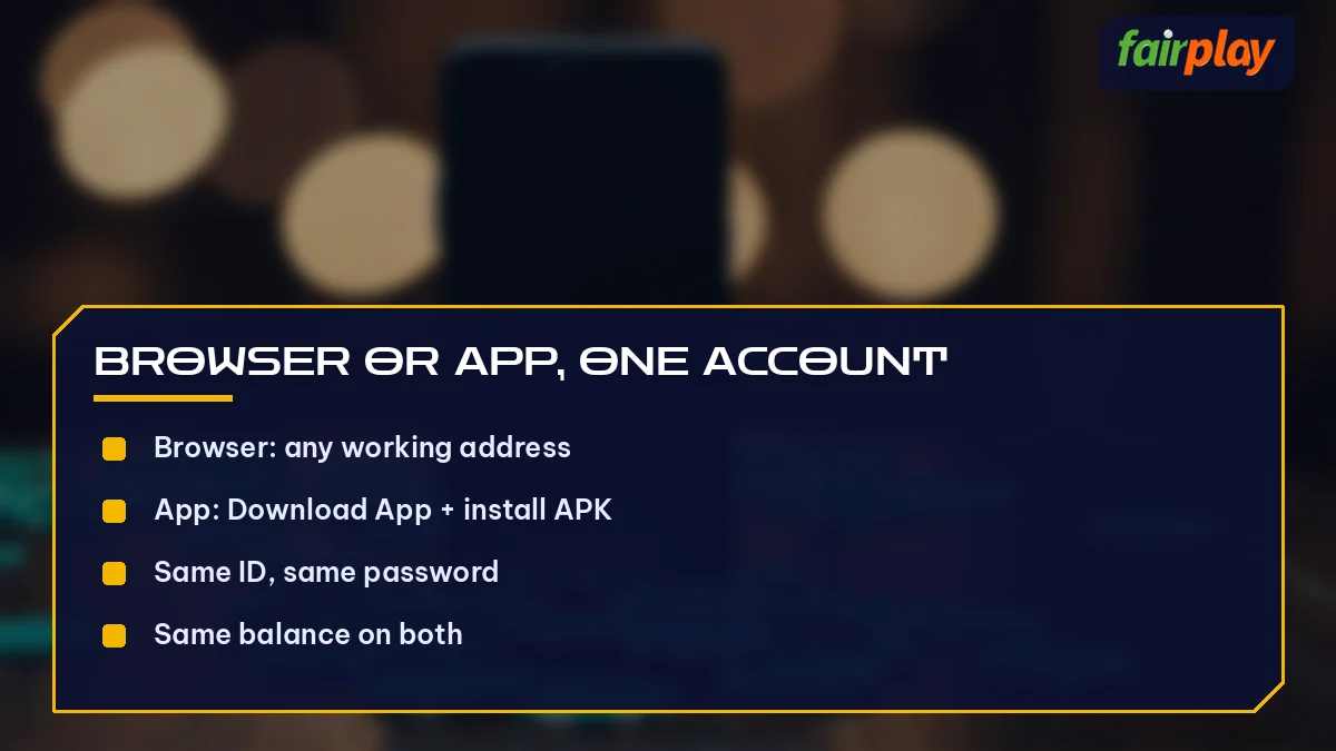 Browser or App, One Account card listing Browser: any working address and 3 more, over docked phone and chips