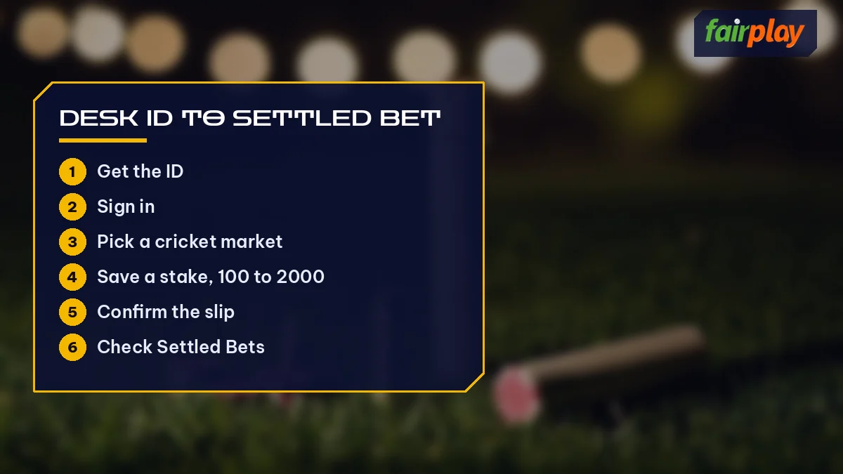 Desk ID to Settled Bet card listing Get the ID and 5 more, over stumps on night grass