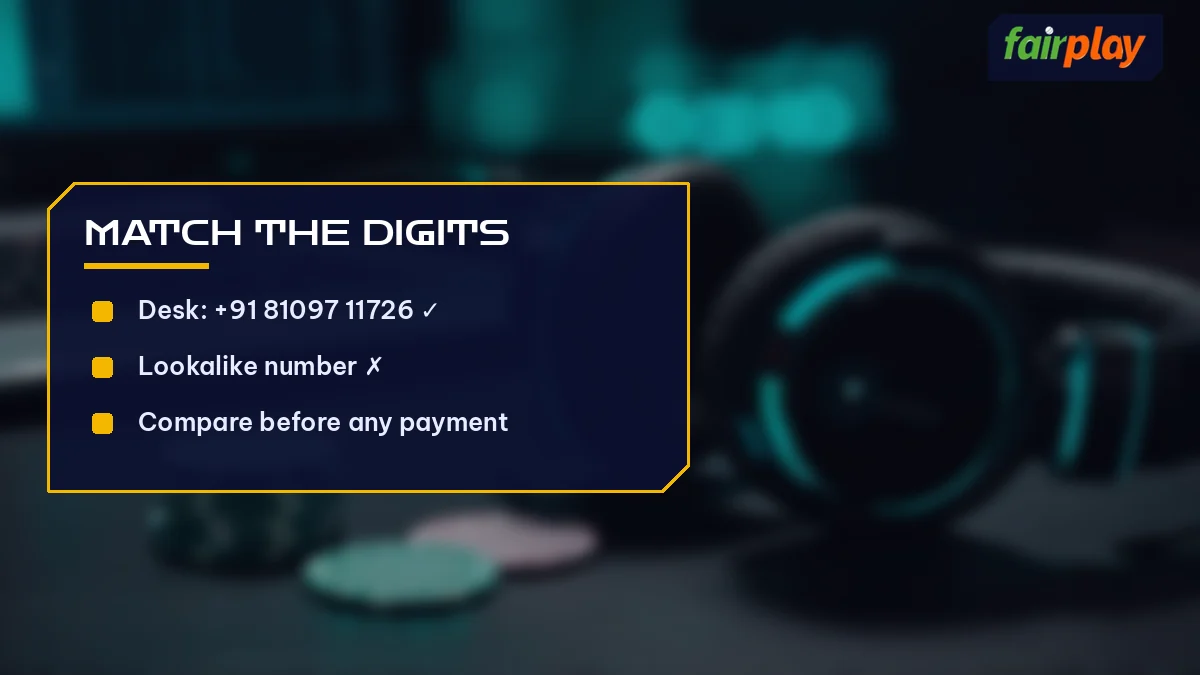 Match the Digits card listing Desk: +91 81097 11726 and 2 more, over office headset and chips