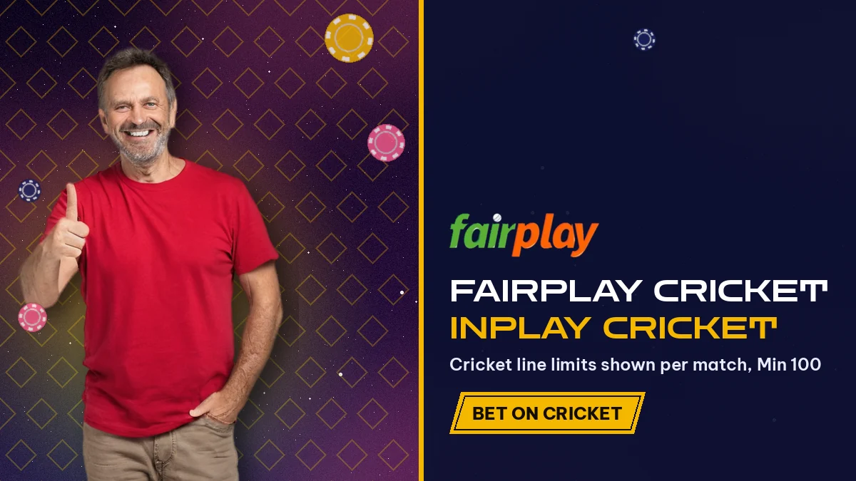 FairPlay Cricket, Inplay Cricket: Cricket line limits shown per match, Min 100, with a fan in a red tee