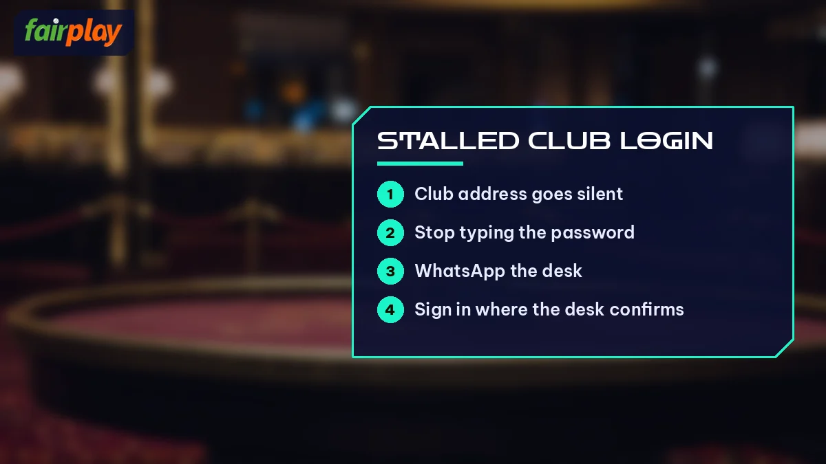 Stalled Club Login card listing Club address goes silent and 3 more, over velvet rope lounge
