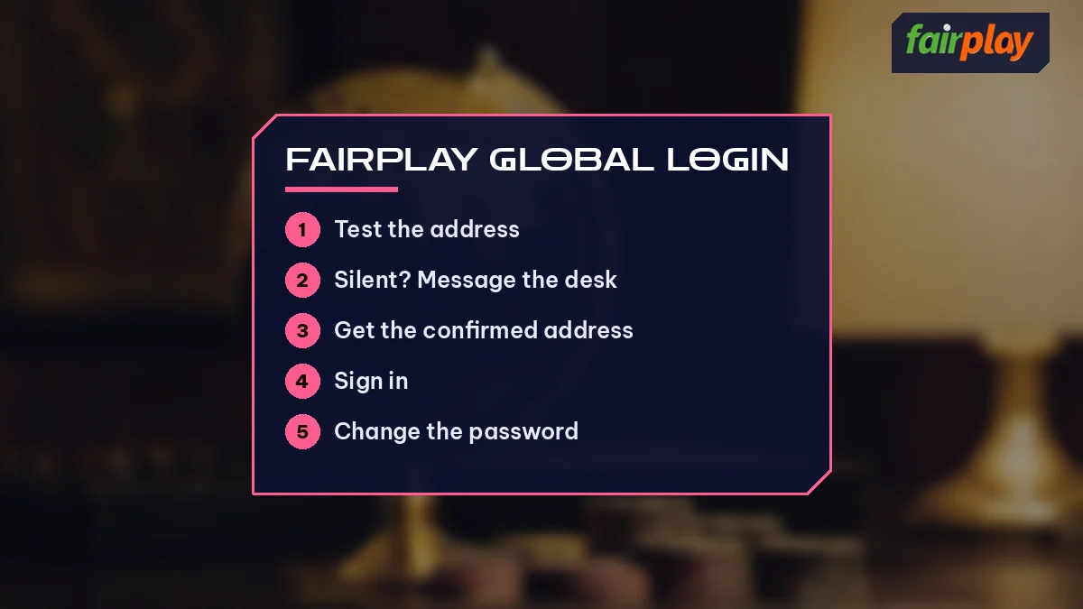 FairPlay Global Login card listing Test the address and 4 more, over desk globe and chips
