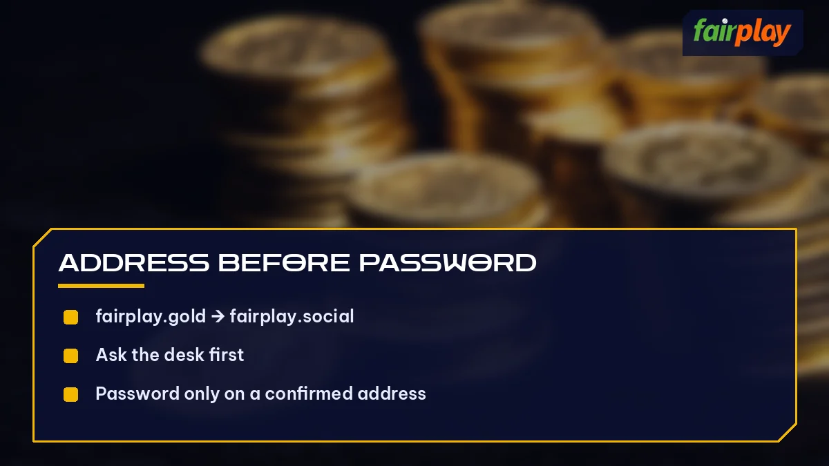 Address Before Password card listing fairplay.gold to fairplay.social and 2 more, over gold coins and chips