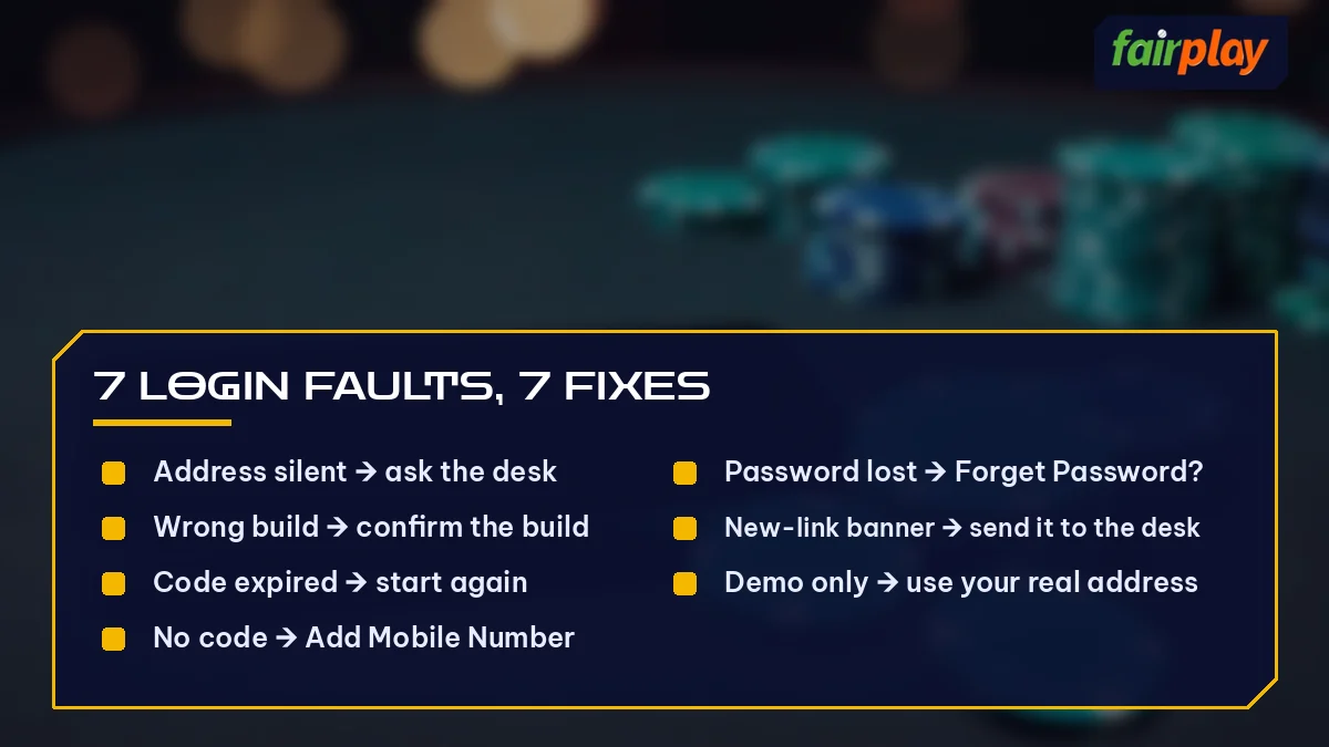 7 Login Faults, 7 Fixes card listing Address silent to ask the desk and 6 more, over phone beside poker chips