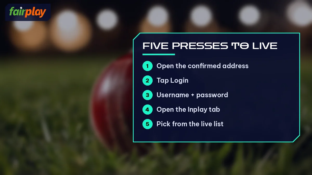 Five Presses to Live card listing Open the confirmed address and 4 more, over cricket ball under floodlights