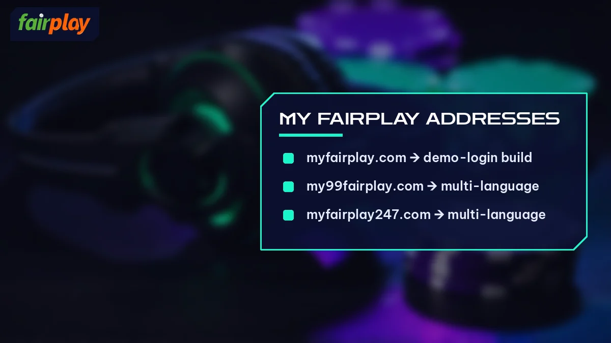 My FairPlay Addresses card listing myfairplay.com to demo-login build and 2 more, over gaming headset and chips