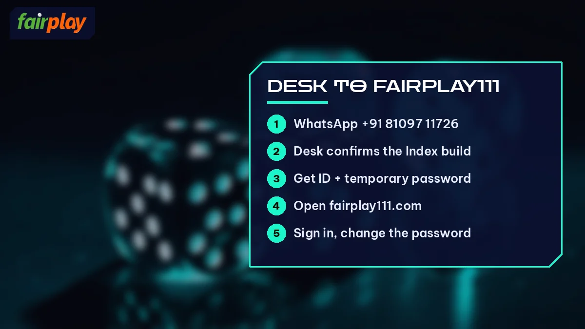 Desk to FairPlay111 card listing WhatsApp +91 81097 11726 and 4 more, over three dice on glass