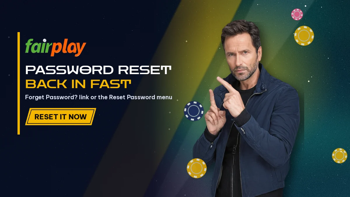 Password Reset, Back in Fast: Forget Password? link or the Reset Password menu, with a man in a navy jacket