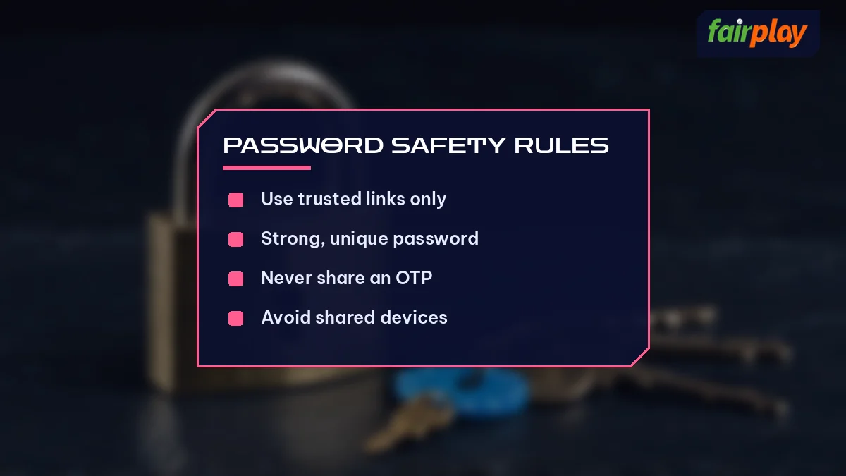 Password Safety Rules card listing Use trusted links only and 3 more, over padlock, key and chips