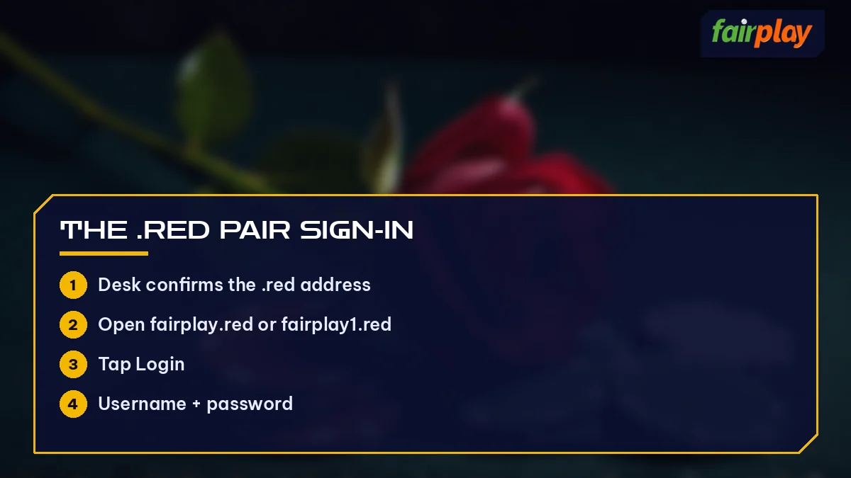 The .red Pair Sign-in card listing Desk confirms the .red address and 3 more, over red rose and red chips