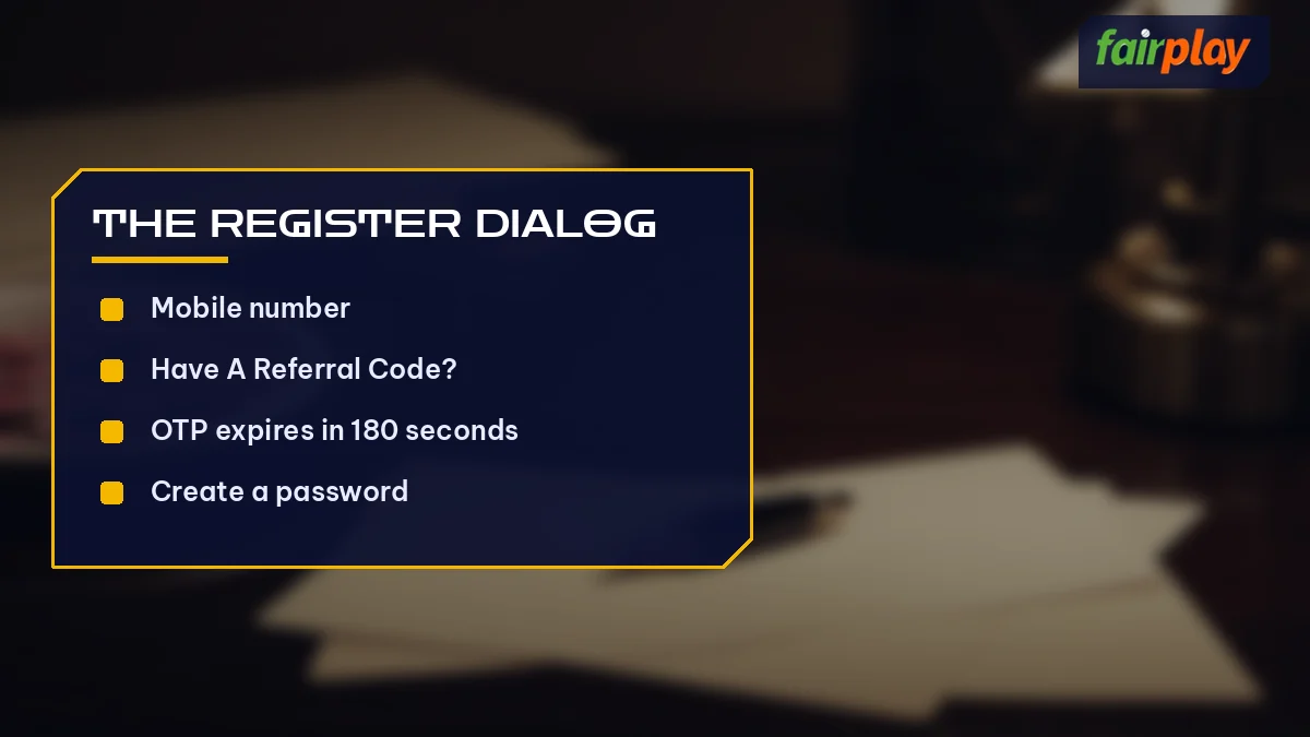 The Register Dialog card listing Mobile number and 3 more, over pen on a cream card