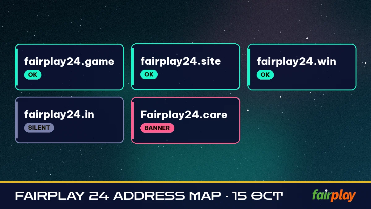 FairPlay 24 Address Map · 15 Oct status board: fairplay24.game OK, fairplay24.site OK, fairplay24.win OK, fairplay24.in silent