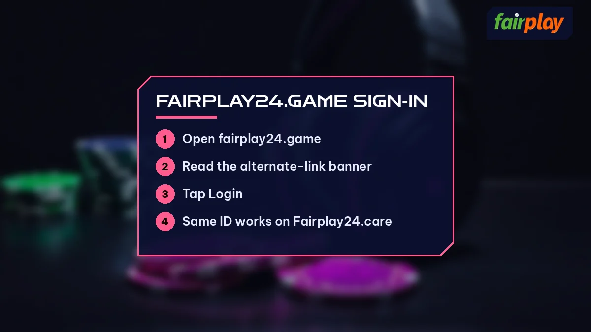 fairplay24.game Sign-in card listing Open fairplay24.game and 3 more, over headphones and chip stack