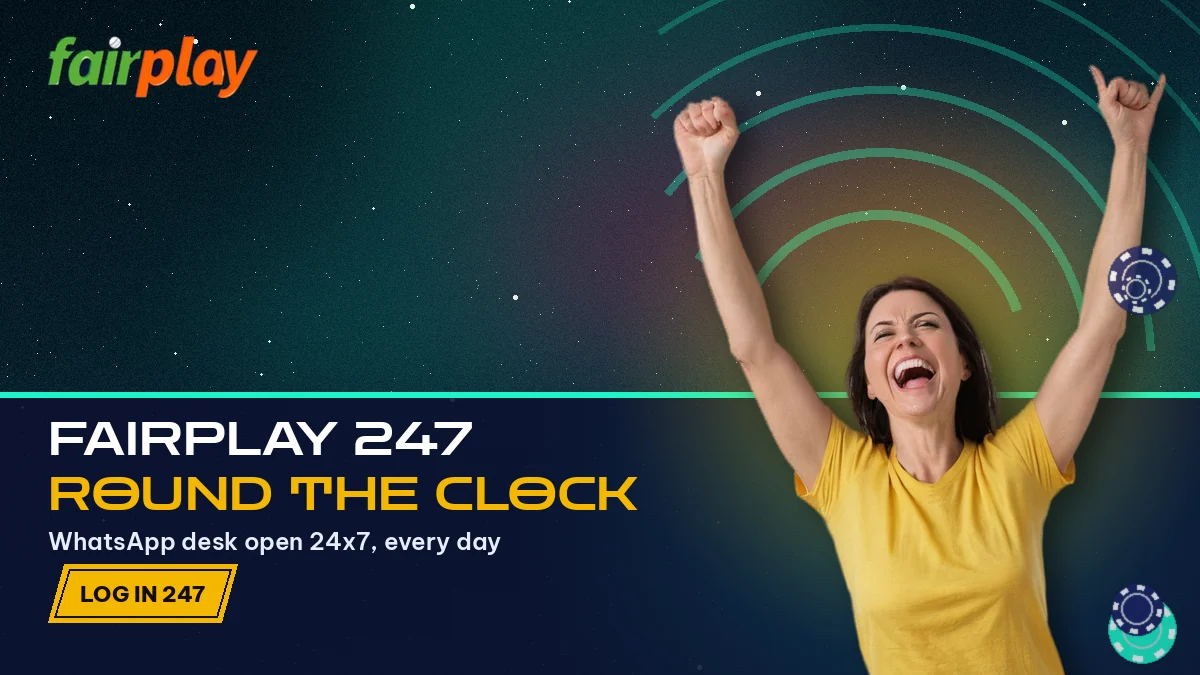 FairPlay 247, Round the Clock: WhatsApp desk open 24x7, every day, with a fan with arms raised